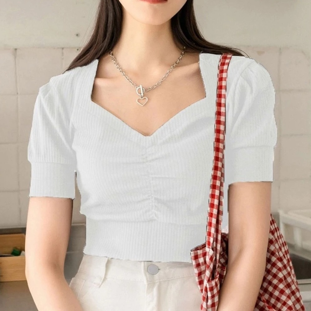 Shein Dazy Puff Sleeve Ruched Top Size Medium in White